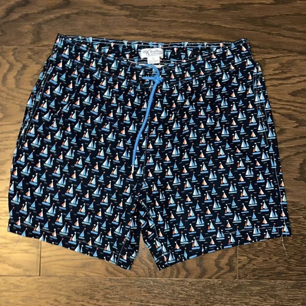 $75 Mr Swim The Dale lined resort boat sailboat blue swimming pool trunks shorts